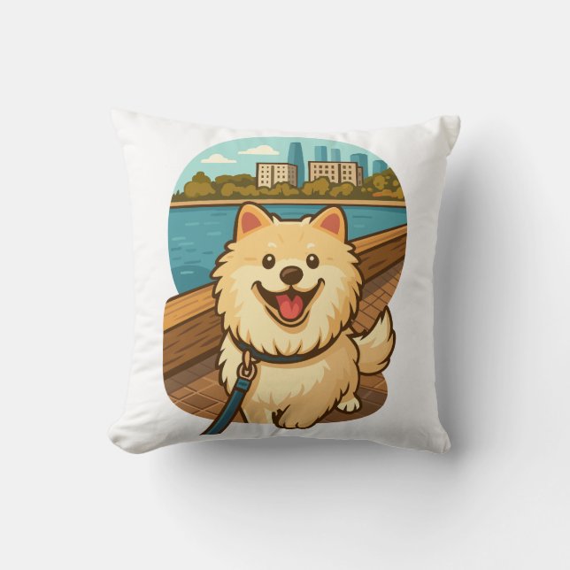 Happy Samoyed Walk by the City Waterfront Throw Pillow (Front)