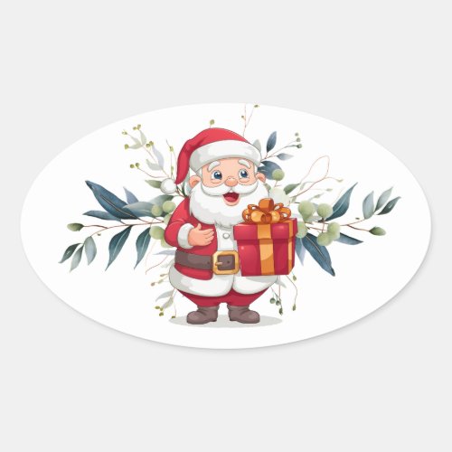 Happy Santa and Eucalyptus Oval Shaped Sticker