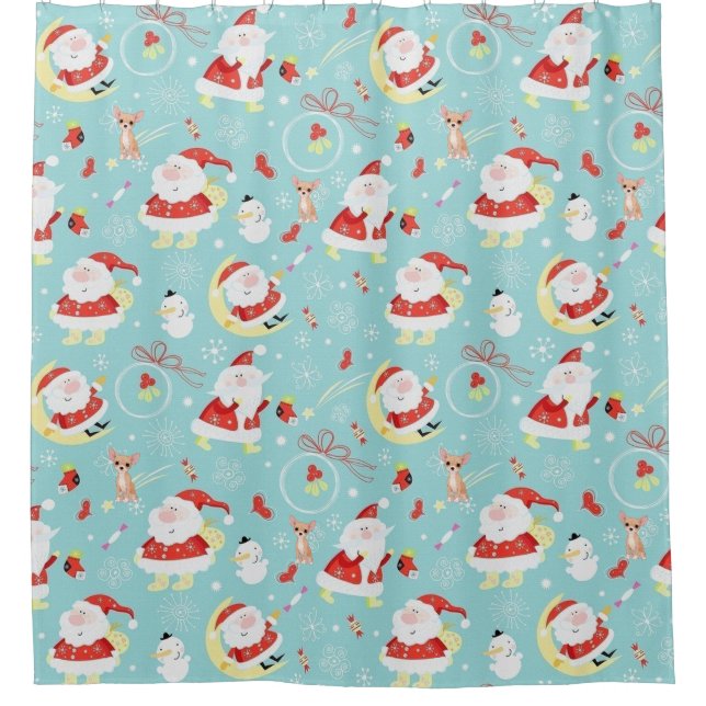 Happy Santa And Frosty And Chihuahua Shower Curtain (Front)