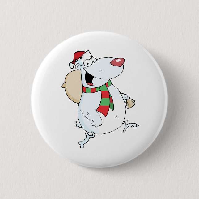 Happy Santa Bear Runs With Bag Pinback Button (Front)