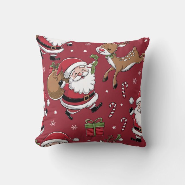 Happy Santa Christmas Red Pattern Throw Pillow (Front)