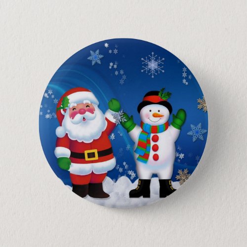 Happy Santa Claus and Snowman Button