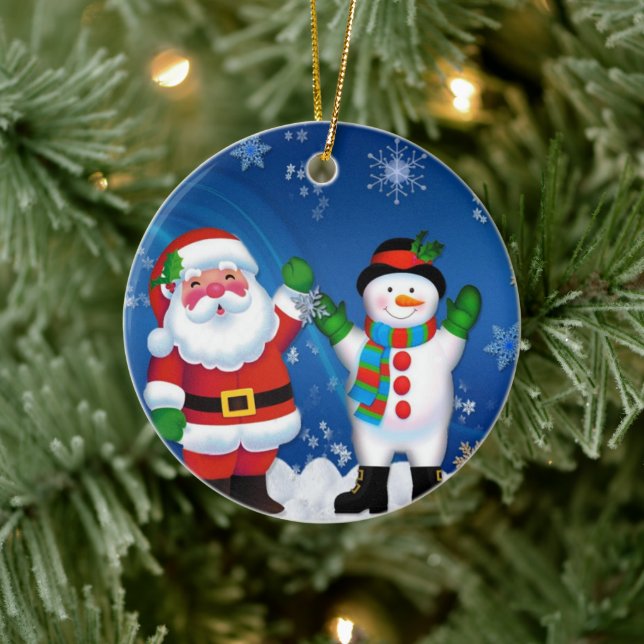 Happy Santa Claus and Snowman Ceramic Ornament (Tree)