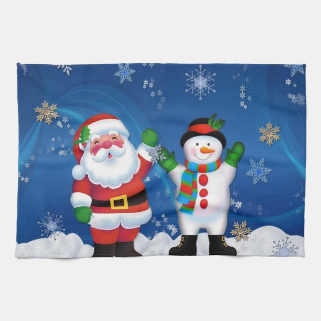 Happy Santa Claus and Snowman Kitchen Towel (Horizontal)