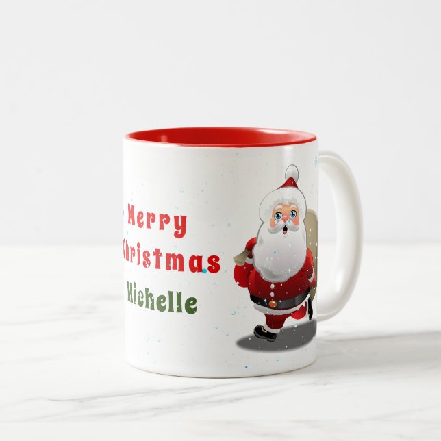 Happy Santa Claus Cartoon Two-Tone Coffee Mug (Front Right)