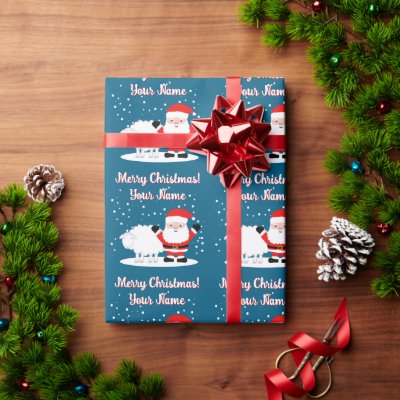 Happy Santa Claus cartoon with sheep Christmas Wrapping Paper