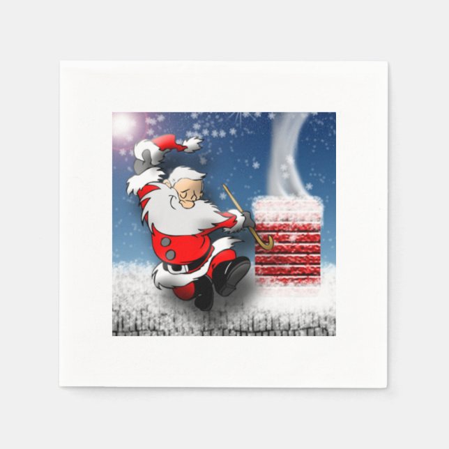 Happy Santa Claus Dancing Christmas Eve Rooftop Paper Napkins (Front)