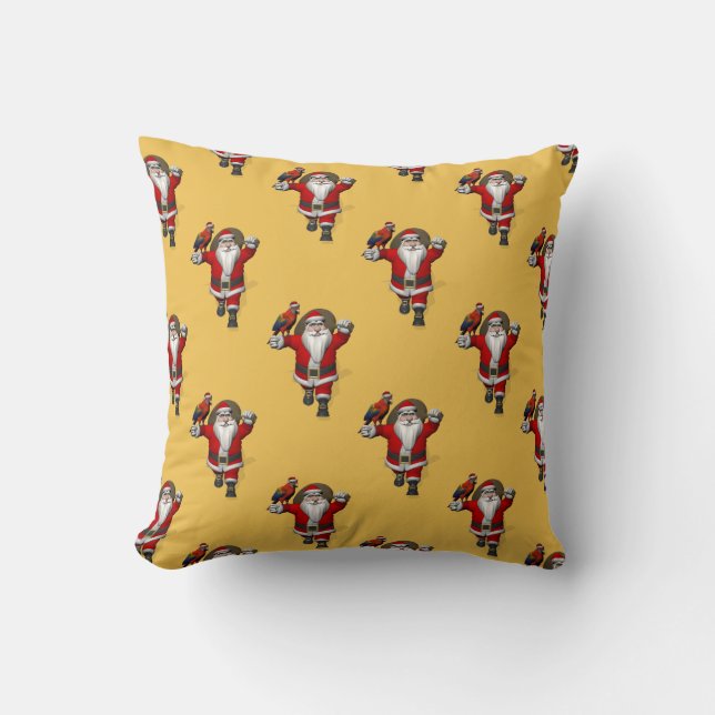 Happy Santa Claus Guided By Red Macaw Throw Pillow (Front)