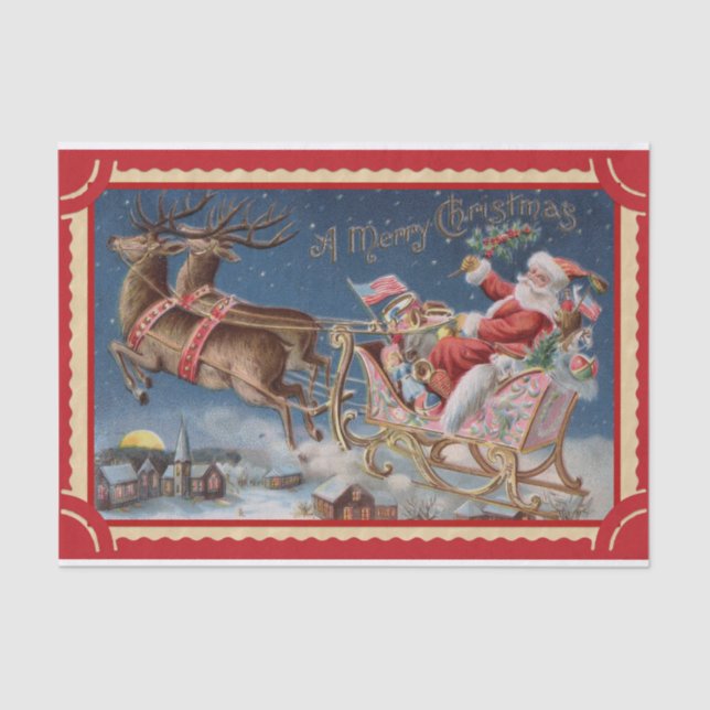 Happy Santa Claus in His Sleigh with Reindeers Tissue Paper (Front)