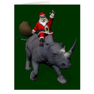 Happy Santa Claus On Rhino Rhinoceros Cards