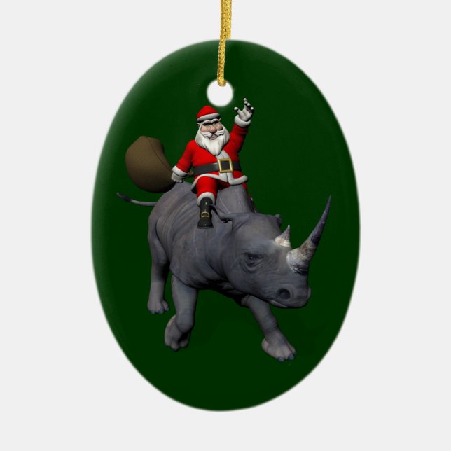 Happy Santa Claus On Rhino Rhinoceros Ceramic Ornament (Front)