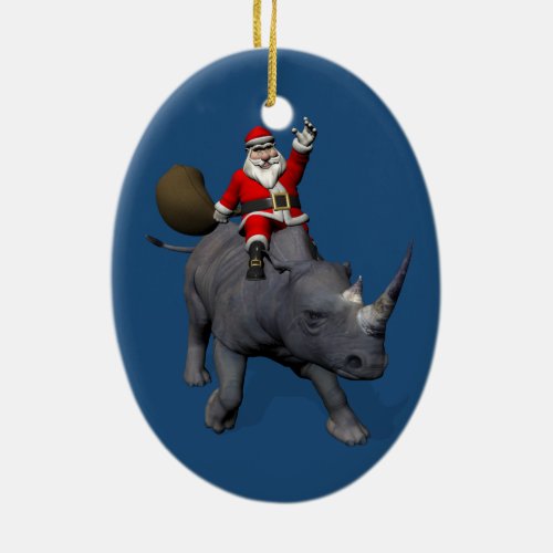 Happy Santa Claus On Rhino Rhinoceros Ceramic Ornament