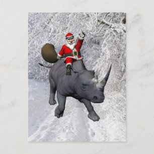 Happy Santa Claus On Rhino Rhinoceros Holiday Postcard