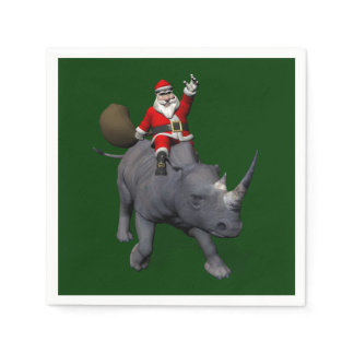 Happy Santa Claus On Rhino Rhinoceros Paper Napkins