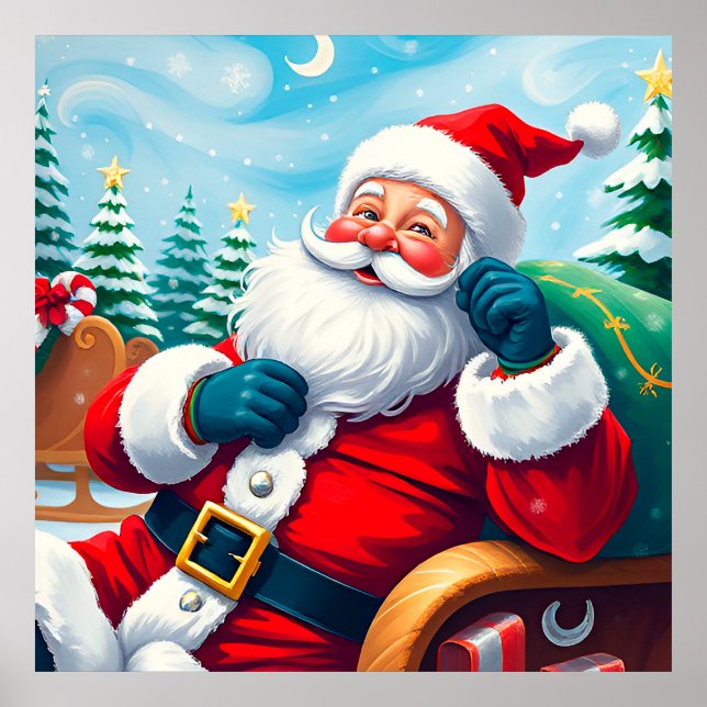 Happy Santa Claus Relaxing in Festive Sleigh Poster (Front)