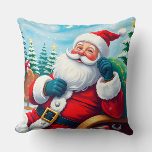 Happy Santa Claus Relaxing in Festive Sleigh Throw Pillow