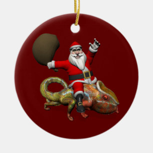 Happy Santa Claus Riding On Colorful Chameleon Ceramic Ornament