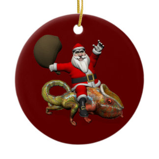 Happy Santa Claus Riding On Colorful Chameleon Ceramic Ornament