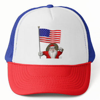 Happy Santa Claus Waving Star Spangled Banner Trucker Hat
