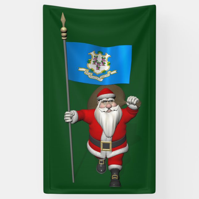 Happy Santa Claus With Flag Of Connecticut Banner (Vertical)