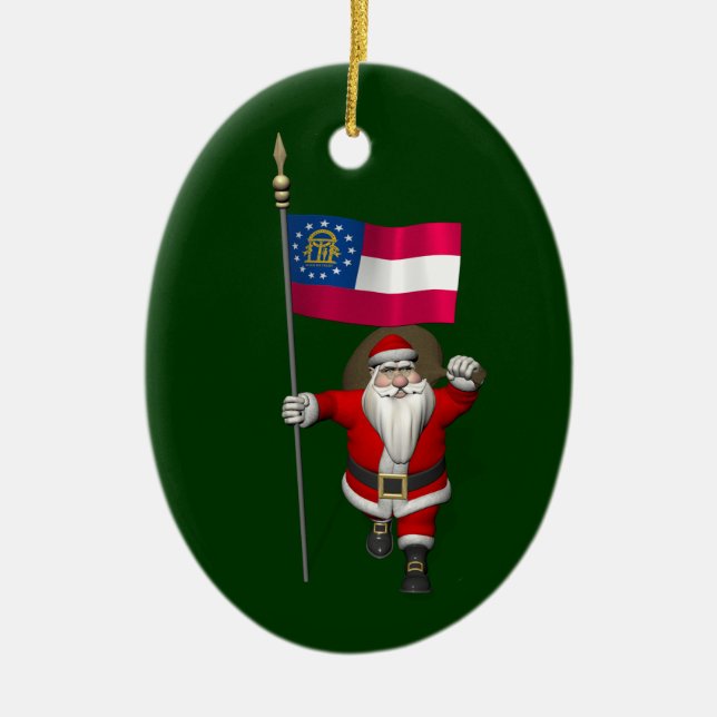 Happy Santa Claus With Flag Of Georgia Ceramic Ornament (Front)