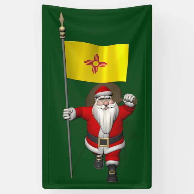 Happy Santa Claus With Flag Of New Mexico Banner (Vertical)