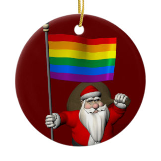 Happy Santa Claus With Gay Pride Rainbow Flag Ceramic Ornament