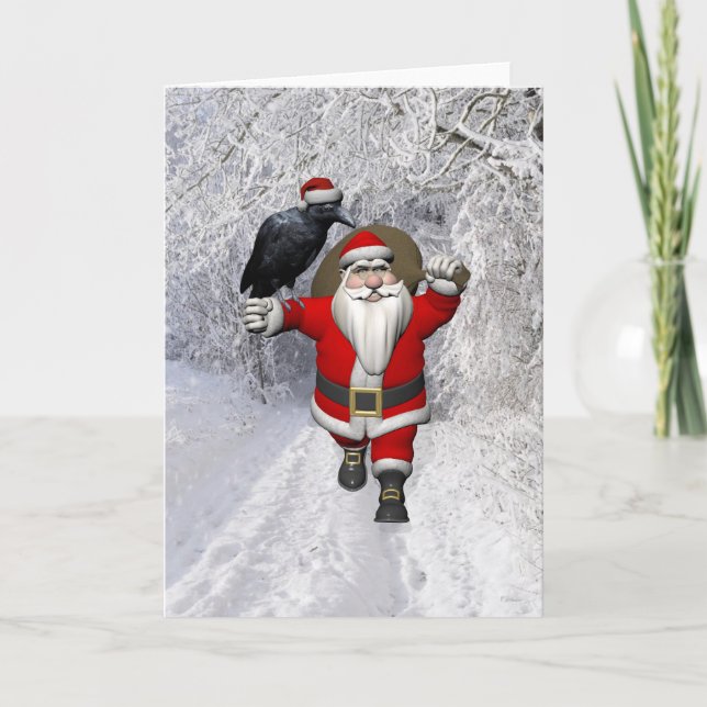 Happy Santa Claus With Huge Raven Holiday Card (Front)