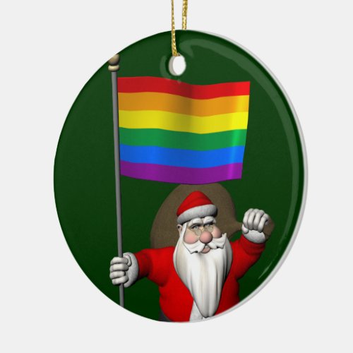 Happy Santa Claus With Rainbow Flag Ceramic Ornament