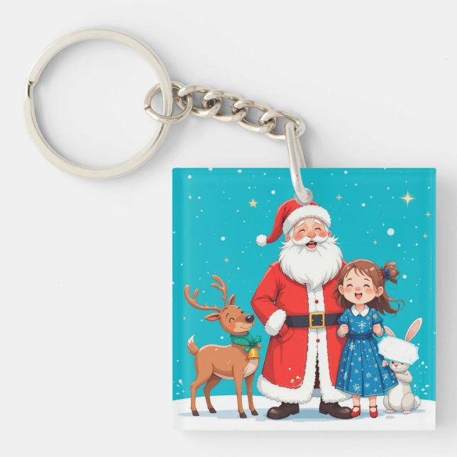 Happy Santa Claus With snow maiden Keychain (Front)