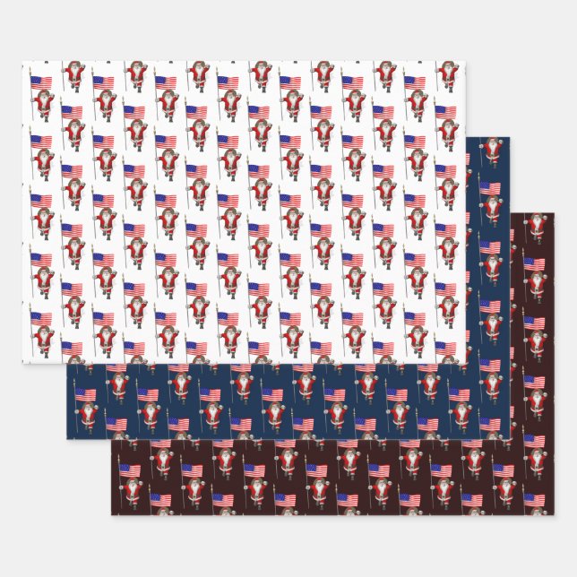 Happy Santa Claus With Star-Spangled Bannner Wrapping Paper Sheets (Set)