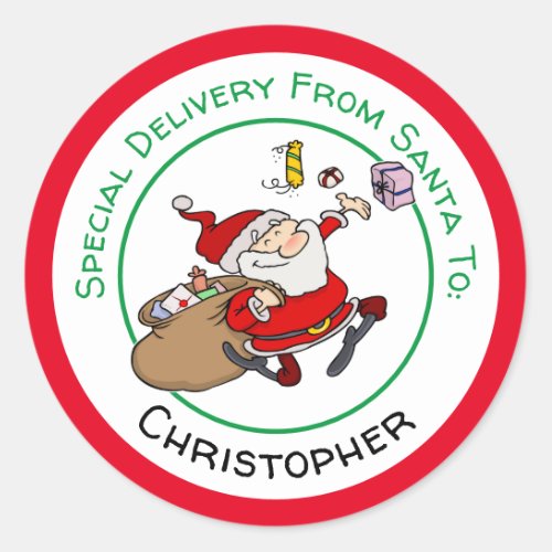 Happy Santa Delivering Christmas Presents Classic Round Sticker
