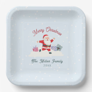 Happy Santa, light blue Christmas Paper Plates