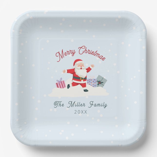 Happy Santa, light blue Christmas Paper Plates (Front)