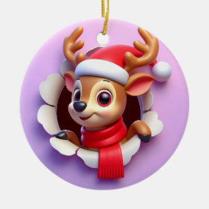 Happy Santa Reindeer Bursting Out Ceramic Ornament
