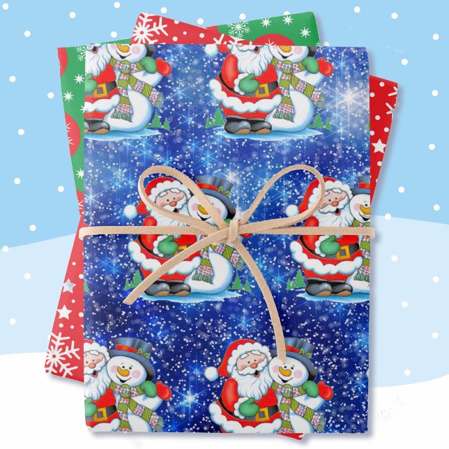 Happy Santa Snowman 3 Snow Coordinating Wrapping Paper Sheets (Creator Uploaded)
