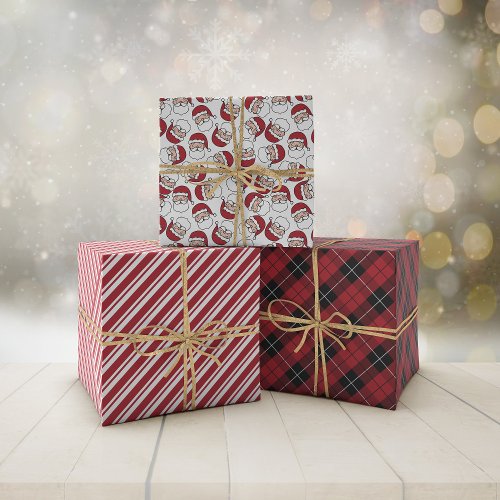 Happy Santas Plaid Peppermint Stripes Christmas Wrapping Paper Sheets