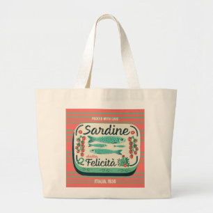 Happy Sardines Green Vintage Italian Food Design   Large Tote Bag