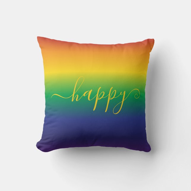 Happy Saying Rainbow Colorful Stripes Throw Pillow (Front)