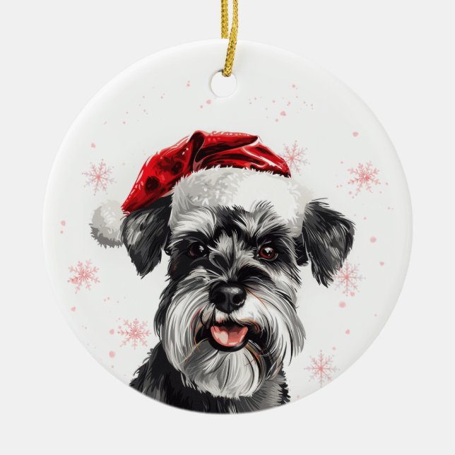 Happy Schnauzer Dog Christmas Personalized Ceramic Ornament (Front)