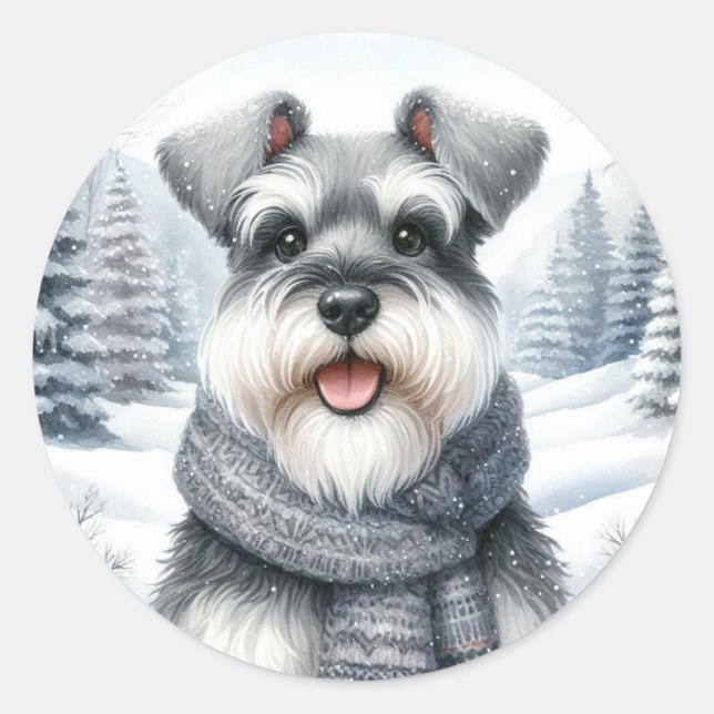 Happy Schnauzer in a Scarf Winter Art Classic Round Sticker (Front)