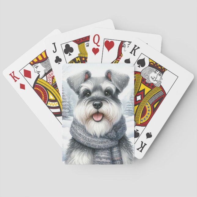 Happy Schnauzer in a Scarf Winter Art Poker Cards (Back)