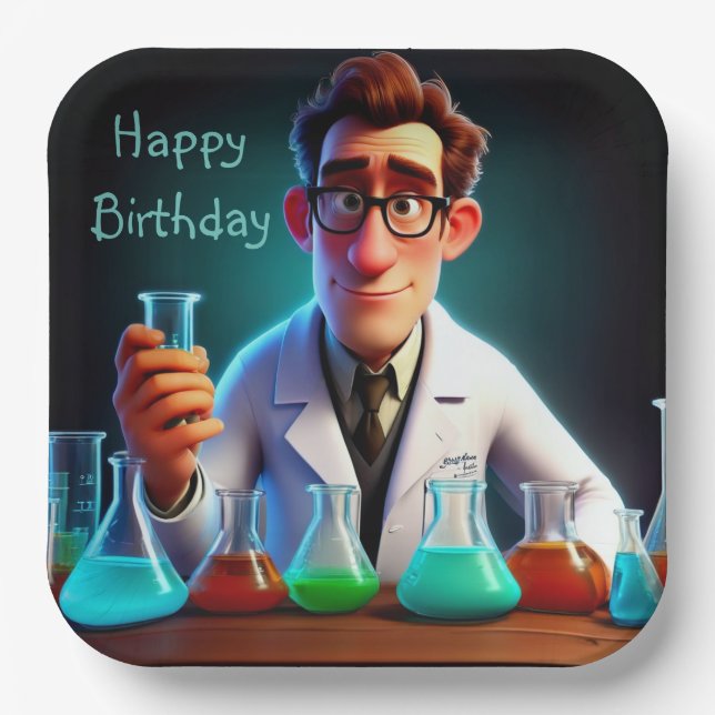 Happy Scientist Birthday Paper Plates (Front)