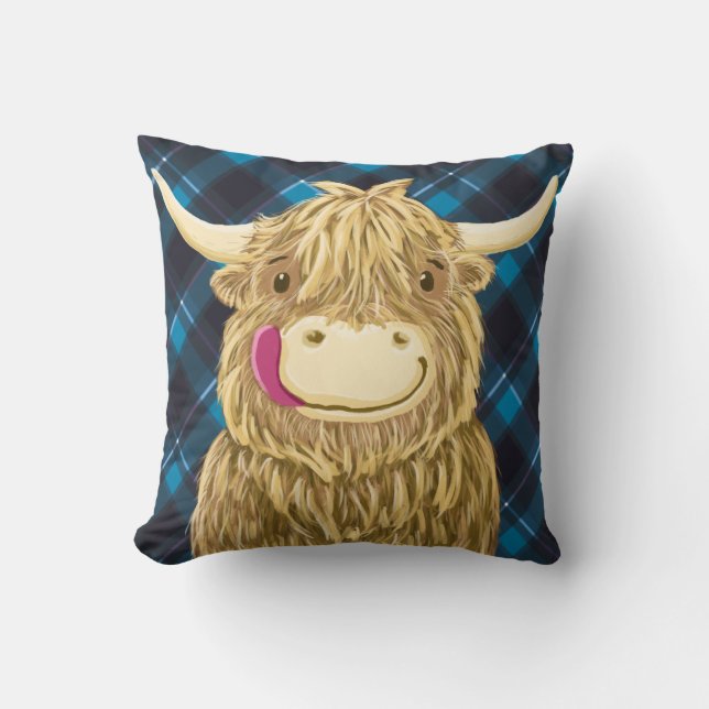 Happy Scottish Highland Cow Throw Pillow (Front)