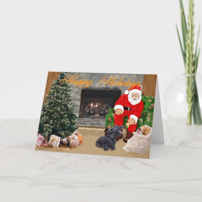 Happy Scottish Terrier & Santa Holiday Card (Front)