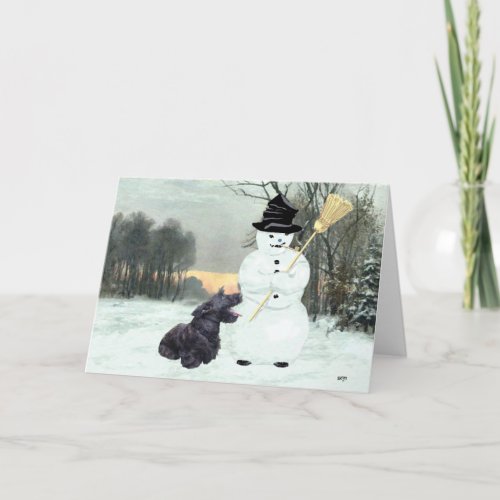 Happy Scottish Terrier  Snowman Holiday Card