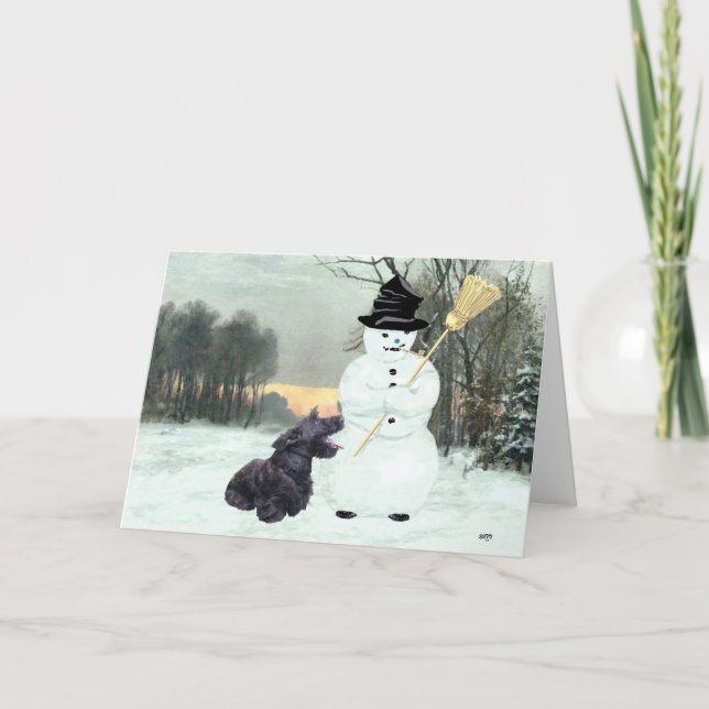Happy Scottish Terrier & Snowman Holiday Card (Front)