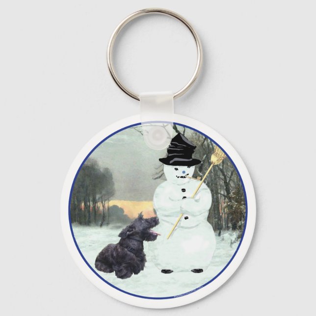 Happy Scottish Terrier & Snowman Keychain (Front)