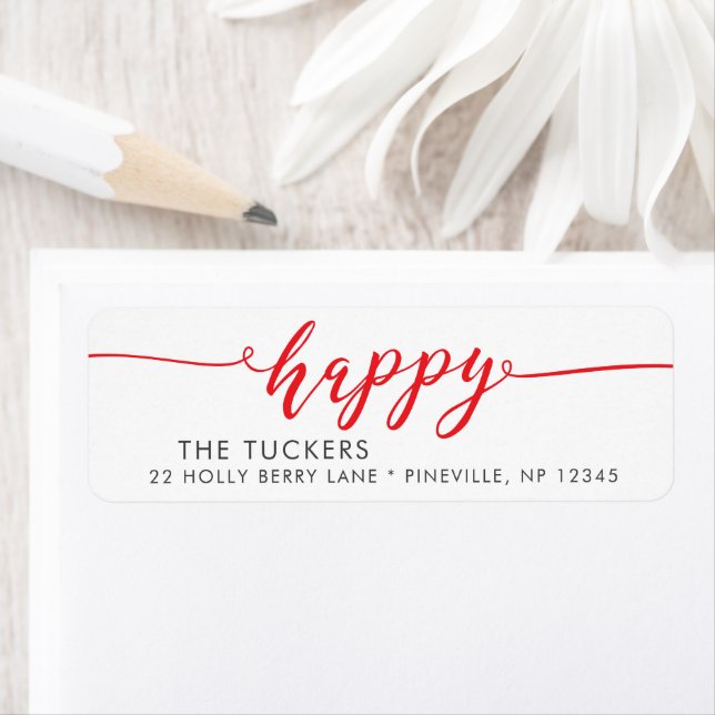 HAPPY Script Red Holiday Christmas Return Address Label (Insitu)