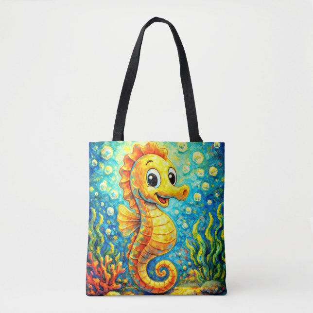 Happy Seahorse Underwater Art - Kids Ocean Tote Bag (Front)
